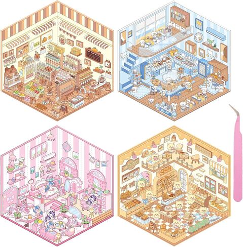 4 Sets DIY 3D House Stickers, 3D Sticker Scene Miniature Scene Stickers, Cute Cartoon Sticker Scenes for Adults Kids, Make Your Own Stickers, Fun Room Sticker Book in Saudi Arabia