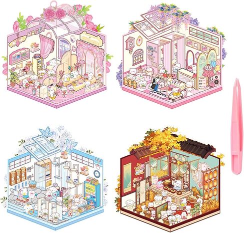 4 Sets DIY 3D House Stickers, 3D Sticker Scene Miniature Scene Stickers, Cute Cartoon Sticker Scenes for Adults Kids, Make Your Own Stickers, Fun Room Sticker Book in Saudi Arabia