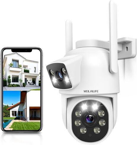 WEILAILIFE 【ربط عدسة مزدوجة وصوت ثنائي الاتجاه 】 كاميرا أمان PTZ لاسلكية خارجية 2K 4MP، عرض 360 درجة، كاميرات أمان منزلية WiFi 2.4/5 جيجا هرتز مع تتبع تلقائي، مقاومة للماء IP66، تخزين SD/سحابي. in Kuwait