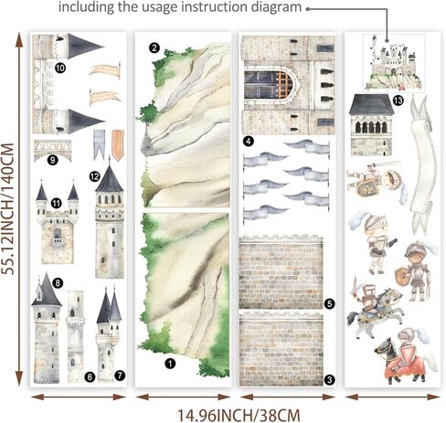 ملصقات جدارية كبيرة بألوان مائية قابلة للتقشير واللصق، ملصقات حائط عتيقة ذاتية اللصق للأطفال وغرفة النوم وغرفة اللعب وغرفة الأطفال وديكور جداري فني، ملصق جداري على شكل قلعة مجمعة على شكل فارس in Kuwait