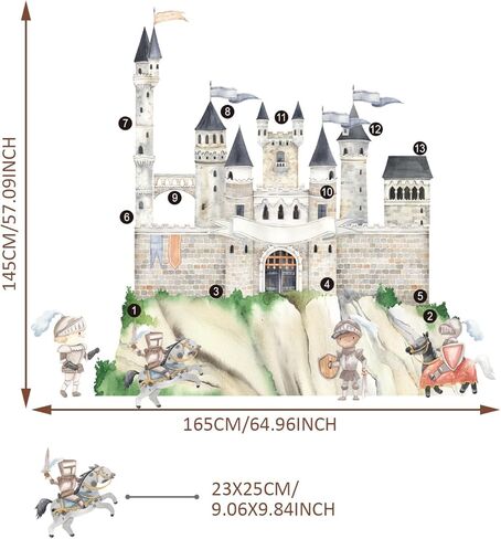 ملصقات جدارية كبيرة بألوان مائية قابلة للتقشير واللصق، ملصقات حائط عتيقة ذاتية اللصق للأطفال وغرفة النوم وغرفة اللعب وغرفة الأطفال وديكور جداري فني، ملصق جداري على شكل قلعة مجمعة على شكل فارس in Kuwait