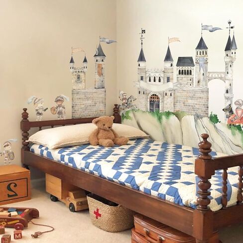 ملصقات جدارية كبيرة بألوان مائية قابلة للتقشير واللصق، ملصقات حائط عتيقة ذاتية اللصق للأطفال وغرفة النوم وغرفة اللعب وغرفة الأطفال وديكور جداري فني، ملصق جداري على شكل قلعة مجمعة على شكل فارس in Kuwait