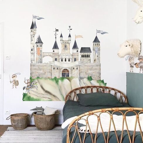 ملصقات جدارية كبيرة بألوان مائية قابلة للتقشير واللصق، ملصقات حائط عتيقة ذاتية اللصق للأطفال وغرفة النوم وغرفة اللعب وغرفة الأطفال وديكور جداري فني، ملصق جداري على شكل قلعة مجمعة على شكل فارس in Kuwait