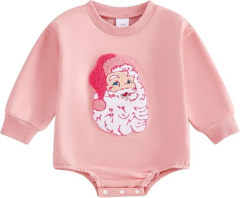 Kayotuas Baby Girl Christmas Outfit Pink Santa Embroidered Sweatshirt Romper Long Sleeve Bodysuit Jumpsuit Cute Fall Clothes in Saudi Arabia