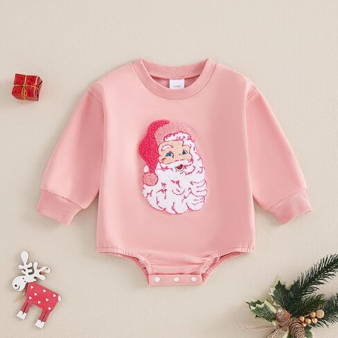 Kayotuas Baby Girl Christmas Outfit Pink Santa Embroidered Sweatshirt Romper Long Sleeve Bodysuit Jumpsuit Cute Fall Clothes in Saudi Arabia