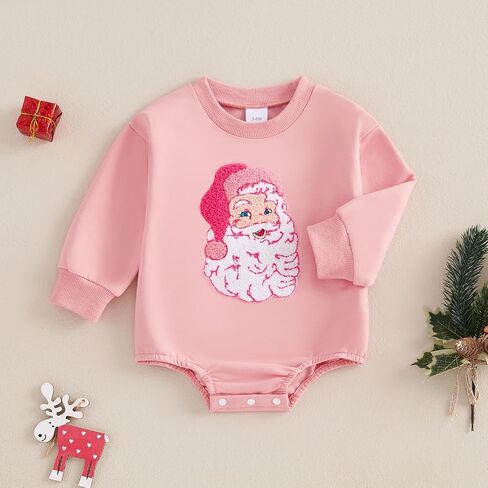 Kayotuas Baby Girl Christmas Outfit Pink Santa Embroidered Sweatshirt Romper Long Sleeve Bodysuit Jumpsuit Cute Fall Clothes in Saudi Arabia