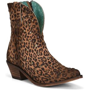 CORRAL Women's LD Sueded Leopard Print Side Zip & Studs Bootie Pointed Toe Leather Sole 7 1/2" Shaft Goat Leather,Urban Bootie Ocher, Size 5.5