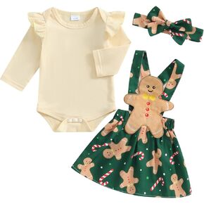 Baby Girl Christmas Outfit Ruffle Long Sleeve Romper + Santa Claus/Gingerbread Man/Striped Suspender Skirts + Headband Set in Kuwait