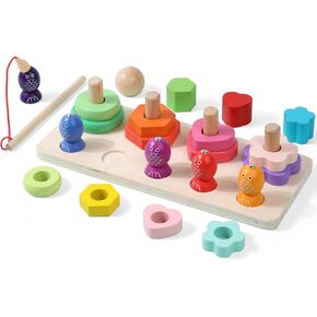 Wooden Magnetic Fishing and Shape Block Stacking Toys 2-in-1, Montessori Early Childhood Games for Toddlers, Gifts for 3-Year-Old Boys and Girls