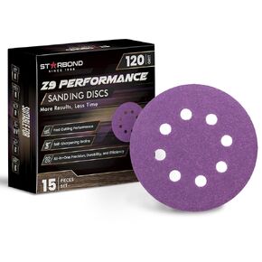 Starbond 5 inch Z9 Performance Sanding Discs - 15-pcs Pack - 8-Hole Hook and Loop (Grit 120) - Sandpaper Finishing Discs - Ideal for Woodworking and Automotive