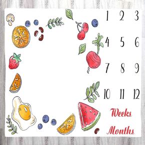 Baby Age Blanket, Fruit Vegetable Cooking Theme Monthly Baby Milestone Blanket Newborn Growth Chart Blanket Memory Blanket, 48x40 Inch Nursery Baby Swaddle Blanket BTLSLY727