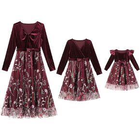 AWIBMK Mommy and Me Christmas Long Sleeve Floral Embroidered Tulle Velvet Dress with Belt Fall Winter Holiday Matching Outfit