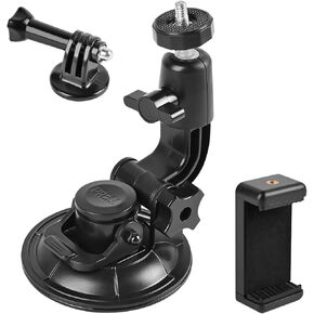 Dash Cam Suction Cup Mount Windshield Camera Holder Stand 9CM with Phone Bracket for GPS Driving DVR Action Camcorder Video Record POV/VLOG Compatible with Gopro Hero, Insta360 Smartphone