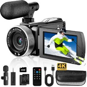 Camcorder Video Camera 4K Ultra 48MP Vlogging Camera for YouTube 18X Digital Zoom Camcorder 3.0" IPS Screen Video Recorder with Wireless Lavalier Microphone, Controller, 2 Batteries and 32G SD Card