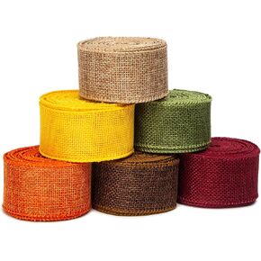 Ribbli Fall Burlap Ribbon,Natural/Yellow/Orange/Sage/Brown/Burgundy Burlap Wired Ribbon,2.5 Inch x 6 Colors Total 30 Yard, Fall Wired Ribbon for Big Bow,Wreath,Outdoor Decoration