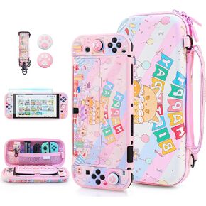 FUNDIARY Cute Carrying Case for Nintendo Switch with Birthday Panda Design, Pink Bundle Kit with Portable Travel Case, Soft TPU Streak Protective Cover, Screen Protector, Shoulder Strap & 2 Thumb Caps