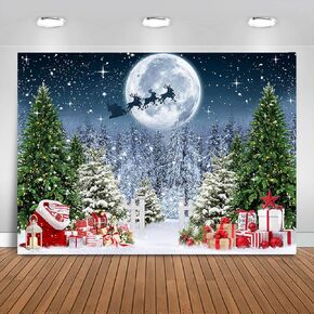 Christmas Night Photography Backdrop 10x7ft Xmas Tree Winter Forest Scene Wonderland North Pole Photography Background Starry Sky Moon Reindeer Santa Claus Family Photo Shoot Booth Props