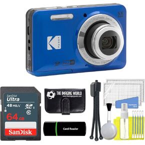 Kodak PIXPRO FZ55 Blue 16MP Digital Camera 5X Optical Zoom 28mm Wide Angle 1080P Full HD Video 2.7" LCD Camera + 64GB Card and Reader + Memory Wallet + Tripod + Cleaning Bundle