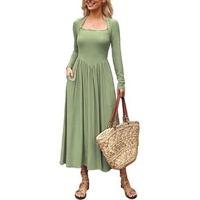 Women's Long Sleeve Maxi Dress 2024 Fall Crewneck Knit Casual Solid Wedding Guest Flowy Long Dress with Pockets