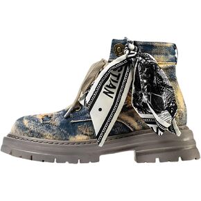 Women's Lace up Denim Combat Boots Retro Ripped Western Cowgirl Boots Chunky Ankle Booties