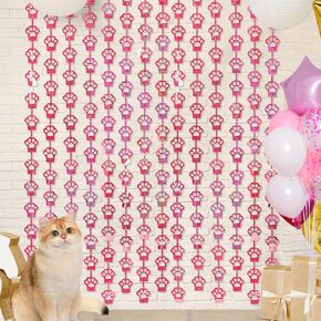 Cat Birthday Decorations, 2 Pack Pink Cat Paw Party Supplies 3.3x6.6 ft Foil Fringe Curtains Tinsel Photo Booth Props Streamer Backdrop for Pet Themed Party Favors & Kids Doorway Room Decor