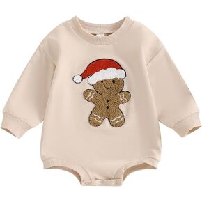 Newborn Baby Boy Girl Christmas Outfit Oversized Gingerbread Embroidery Sweatshirt Bubble Romper Bodysuit