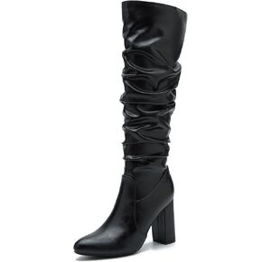 Women's Knee High Boots Sexy Pointed Toe Block Chunky High Heel Boots Side Zipper Pleated Leather Long Boots