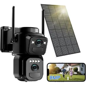 Solar Security Cameras Wireless Outdoor, 4K 8MP Battery Powered 2.4GHz Dual Lens 360°PTZ Cameras for Home Security with Color Night Vision, 2 PIR Motion Detection, Siren, 2-Way Talk, IP66