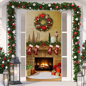 Blosssound Christmas Front Door Cover Fireplace Door Decoration Xmas Tree Red sock Backdrop Banner Winter Holiday background Merry Christmas Door decor for Home Porch Wall Party Supplies, 71 x 53 inch