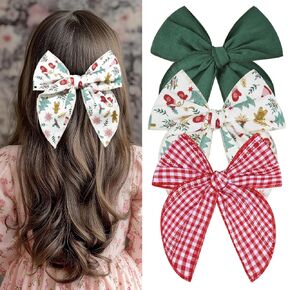 DEEKA Large Christmas Fable Hair Bows 3 PCS Hair Bow Clips for Toddler Girls Fabric Christmas Hair Accessories for Little Girls Kids (Corduroy Red & White+Plaid)