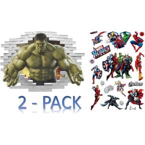 2-PACK 3D Avengers/Hulk Wall Decal- Superhero Wall Decals for Boys Bedroom or Nursery Decor- Easy to Apply and Removable Comic Avengers/ the Incredible Hulk Wall Sticker- Safe & Durable PVC Vinyl