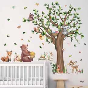 Large Tree Woodland Animals Wall Stickers - Bear Fox Deer Wall Decals - Baby Nursery Kids Girls Boys Room Daycare Playroom Classroom Wall Decor