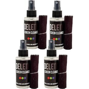 Delete Screen Cleaner for Small Screens (4-Pack) - 2oz Bottles with Microfiber Cloth | Great for Travel | Use on Small TVs, Laptops, Phones, Cameras, or Auto Screens | Streak Free, Safe, and Odorless