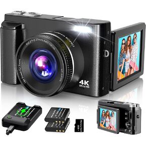 4K Digital Camera for Photography Autofocus, 2024 Latest 48MP Vlogging Camera for YouTube with SD Card, 2 Batteries, 3" 180°Flip Screen Compact Travel Camera for Teens with 16X Zoom (Off White)