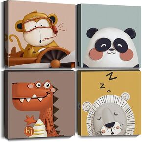 Cortolar Kids Canvas Wall Art Paintings Animals Wall Decor Print Artwork for Kid Baby Child Room Bedroom Playroom Nursery Decor (16"x16"x4pcs)
