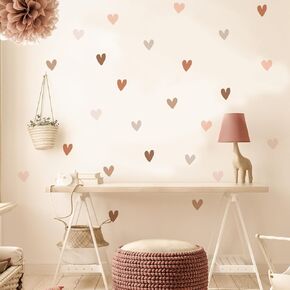 Boho Hearts Wall Decals for Kids Room, Minimalist Nursery Decoration, Cute Pink and Beige Heart Wall Stickers for Girl's Bedroom, Watercolor Wall Art (12 Sheets)
