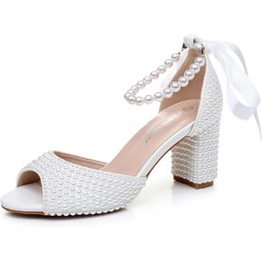 3 Inches Women Open Toe Sandals Square High Heels Banquet White Pearl Ribbon Dress Wedding Shoes