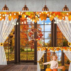 8x6ft Fall Thanksgiving Photography Backdrop Autumn Pumpkin Harvest Barn Background Maple Leaves Rustic Wooden Door Backdrops for Portrait Photoshoot Photo Studio ZW-037