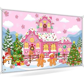Avezano Gingerbread House Party Decorations Pink Gingerbread House Backdrop Banner Xmas Holiday Wall Door Sweet Candyland Background for Photography 70.8x43.3 inch