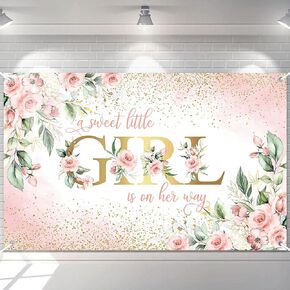 Avezano Girl Baby Shower خلفية وردية زهرية حلوة طفلة رضيعة لافتة استحمام طفلة صغيرة حلوة في طريقها لافتة زينة لحفلات استقبال المولود الجديد 70.8 × 43.3 بوصة