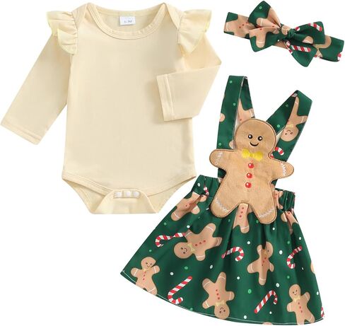 Baby Girl Christmas Outfit Ruffle Long Sleeve Romper + Santa Claus/Gingerbread Man/Striped Suspender Skirts + Headband Set in Kuwait