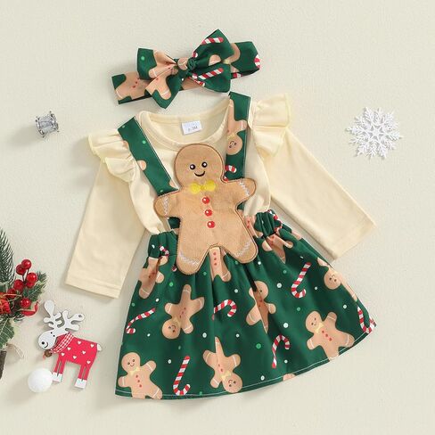 Baby Girl Christmas Outfit Ruffle Long Sleeve Romper + Santa Claus/Gingerbread Man/Striped Suspender Skirts + Headband Set in Kuwait