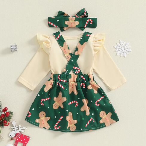 Baby Girl Christmas Outfit Ruffle Long Sleeve Romper + Santa Claus/Gingerbread Man/Striped Suspender Skirts + Headband Set in Kuwait