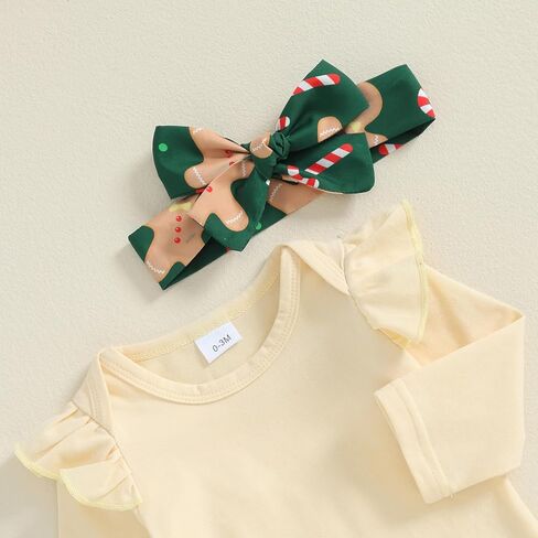 Baby Girl Christmas Outfit Ruffle Long Sleeve Romper + Santa Claus/Gingerbread Man/Striped Suspender Skirts + Headband Set in Kuwait
