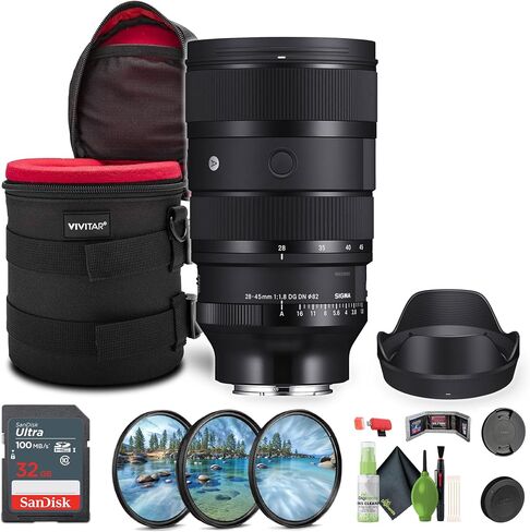 عدسة Sigma مقاس 28-45 مم f/1.8 DG DN Art (Sony E) + مجموعة مرشحات احترافية مكونة من 3 قطع مقاس 82 مم + بطاقة SecureDigital Ultra 32GB SDHC UHS-I C10 بسرعة 100 ميجابايت/ثانية + المزيد in Saudi Arabia