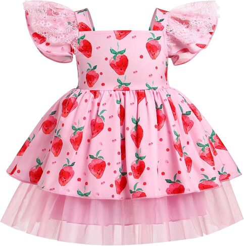 OBEEII Toddler Baby Girls Strawberry Dress Ruffle Sleeve Lace Tulle Birthday Party Dress Cake Smash Photoshoot Outfit in Saudi Arabia