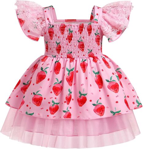 OBEEII Toddler Baby Girls Strawberry Dress Ruffle Sleeve Lace Tulle Birthday Party Dress Cake Smash Photoshoot Outfit in Saudi Arabia