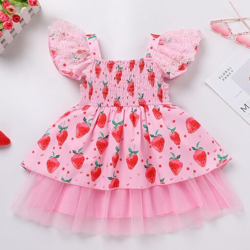 OBEEII Toddler Baby Girls Strawberry Dress Ruffle Sleeve Lace Tulle Birthday Party Dress Cake Smash Photoshoot Outfit in Saudi Arabia