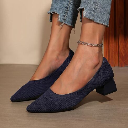 Women's Pointed Closed Toe Low Heel Knit Pumps Chunky Block Heels for Women Comfy Soft Lady Daily Work Office Casual Slip On Breathable Knit Shoes 1.57 Inch in Saudi Arabia