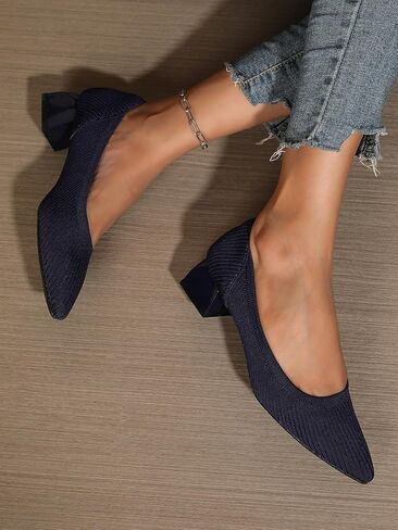 Women's Pointed Closed Toe Low Heel Knit Pumps Chunky Block Heels for Women Comfy Soft Lady Daily Work Office Casual Slip On Breathable Knit Shoes 1.57 Inch in Saudi Arabia